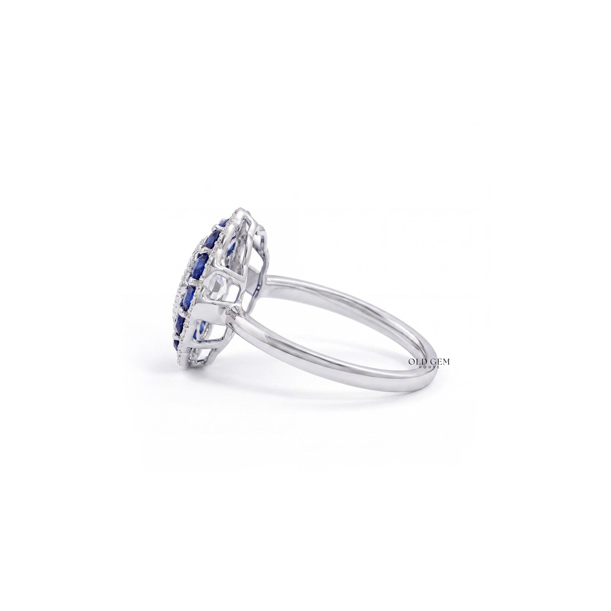 Art Deco Old European Round Cut Sapphire Halo Ring Engagement Ring