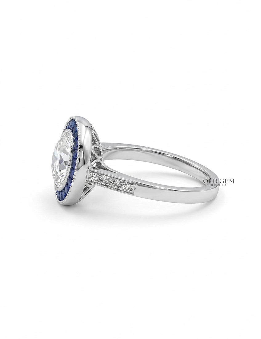 Art Deco OEC Round Diamond Sapphire Halo Engagement Ring Engagement Ring