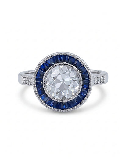 Art Deco OEC Round Diamond Sapphire Halo Engagement Ring