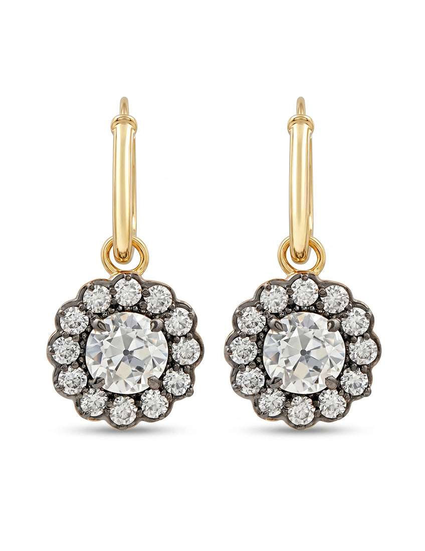 Georgian Style OEC Round Cut Floral Hoop Dangle Earrings Earrings