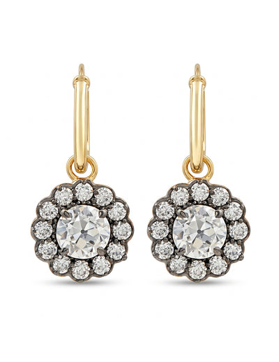 Georgian Style OEC Round Cut Floral Hoop Dangle Earrings