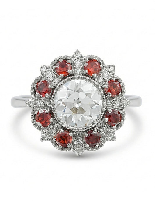 Georgian OEC Round Red Gemstone Halo Engagement Ring Engagement Ring