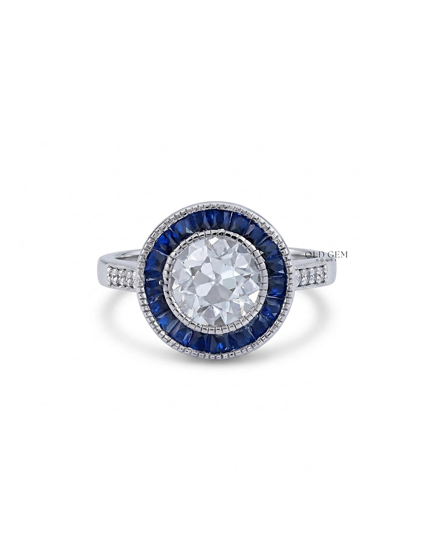Art Deco OEC Round Diamond Sapphire Halo Engagement Ring Engagement Ring