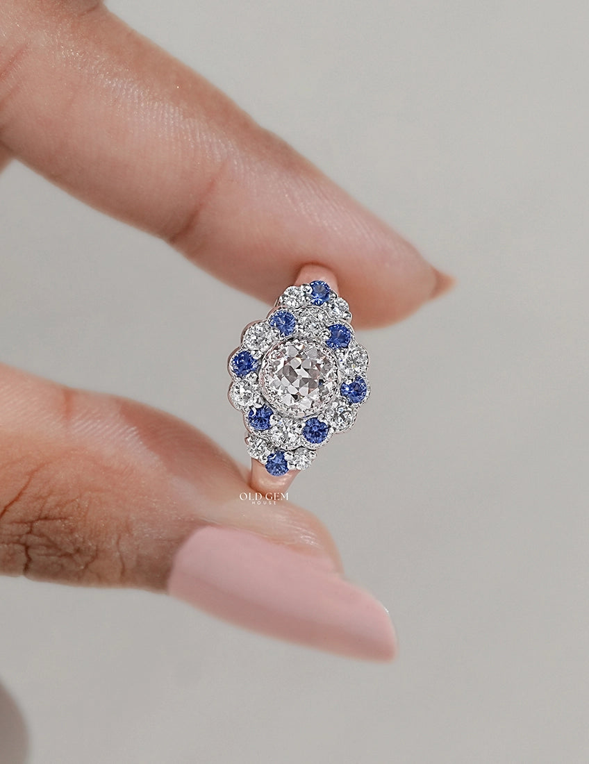 OEC Round Cut Sapphire Halo Engagement Ring Engagement Ring