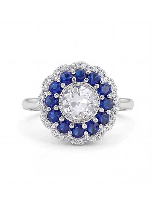Art Deco Old European Round Cut Sapphire Halo Ring Engagement Ring