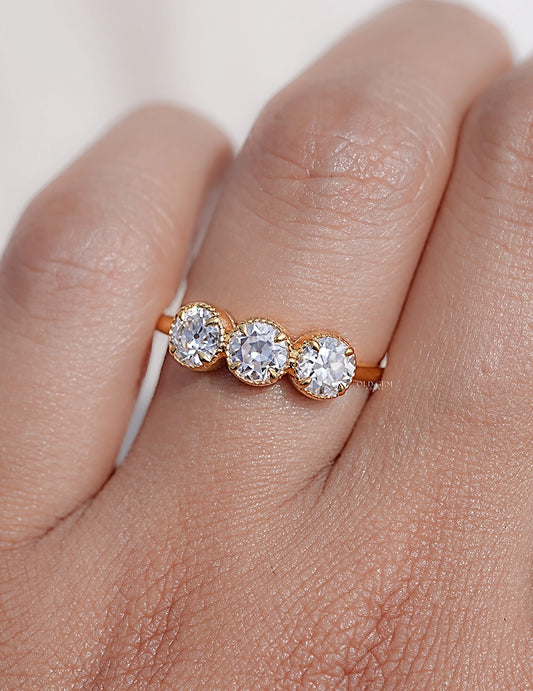 Georgian Old European Cut Round Milgrain Set Trilogy Ring Engagement Ring