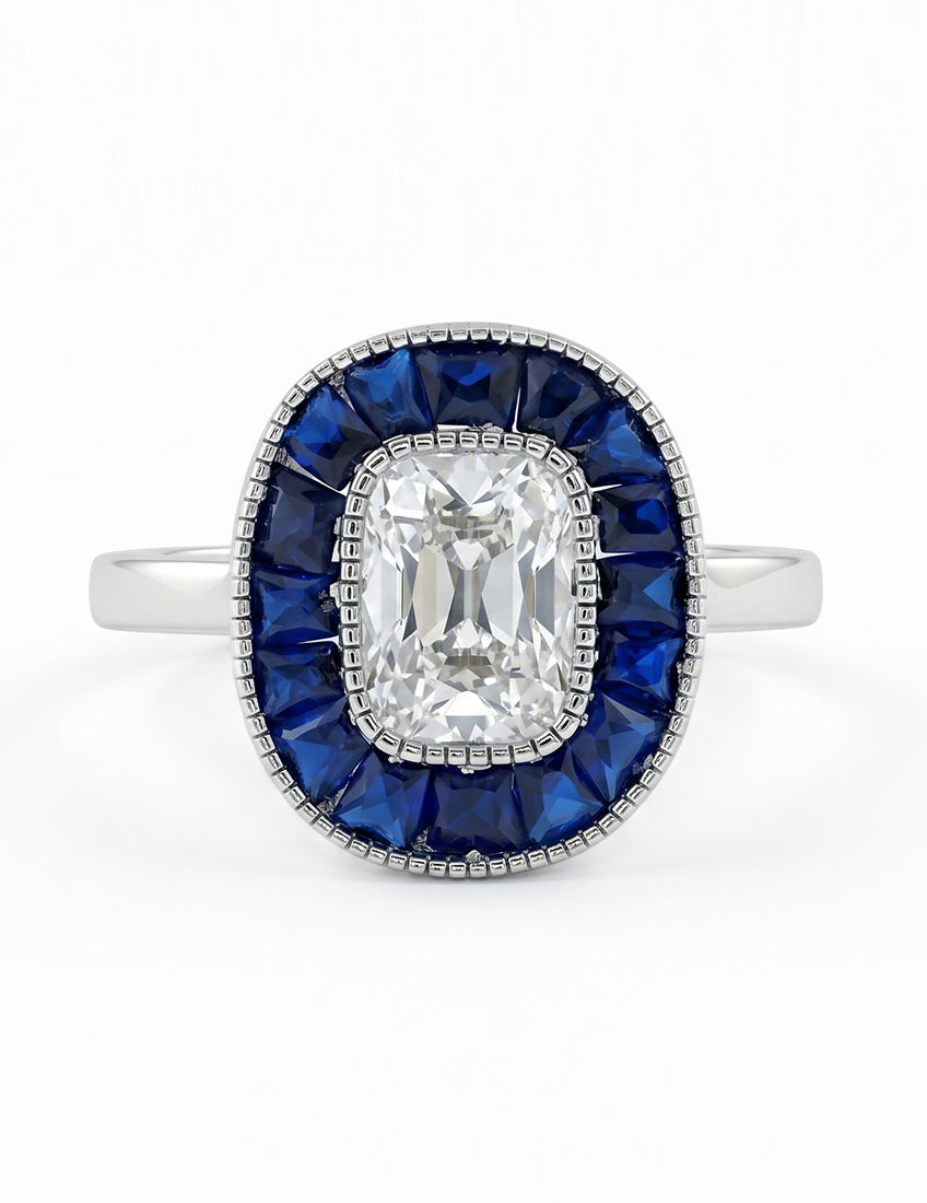 Old Mine Cushion Cut Blue Sapphire Halo Engagement Ring Engagement Ring