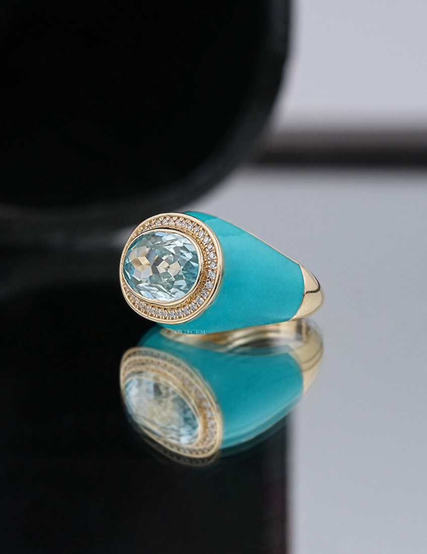 Blue Topaz Oval Gemstone Halo Enamel Dome Ring