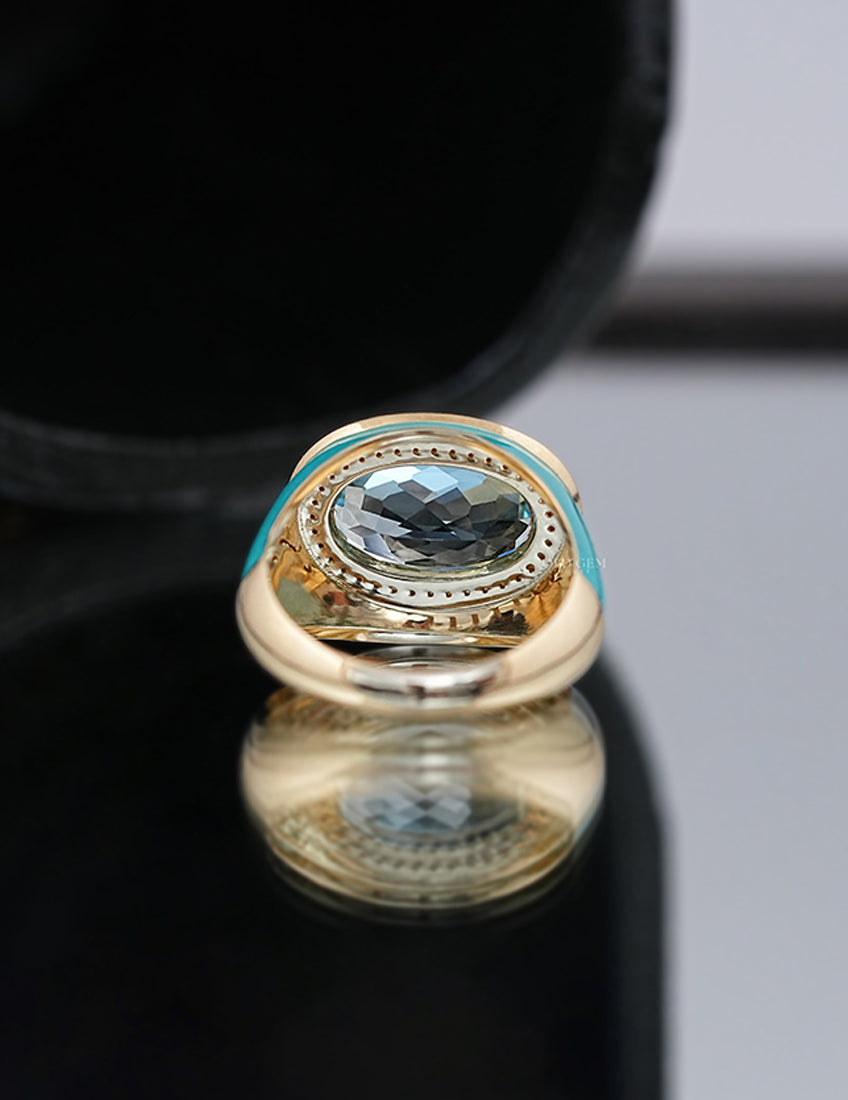 Blue Topaz Oval Gemstone Halo Enamel Dome Ring