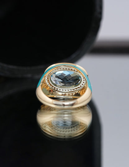 Blue Topaz Oval Gemstone Halo Enamel Dome Ring