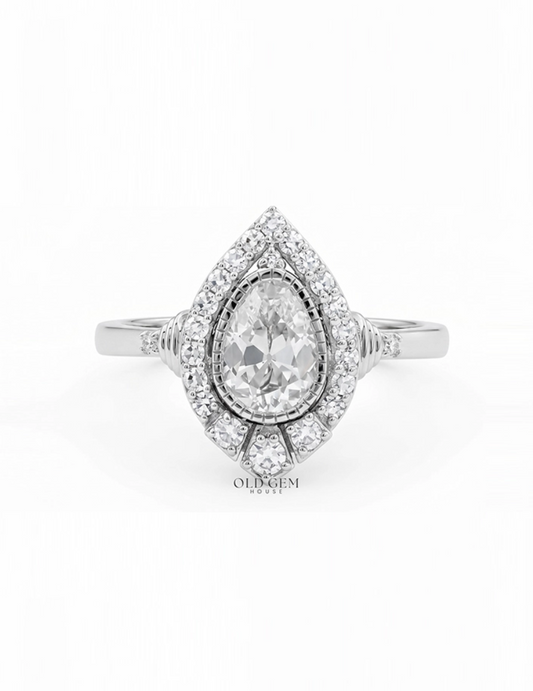 Edwardian Vintage Old Mine Pear Shape Lab Diamond Halo Ring Engagement Ring