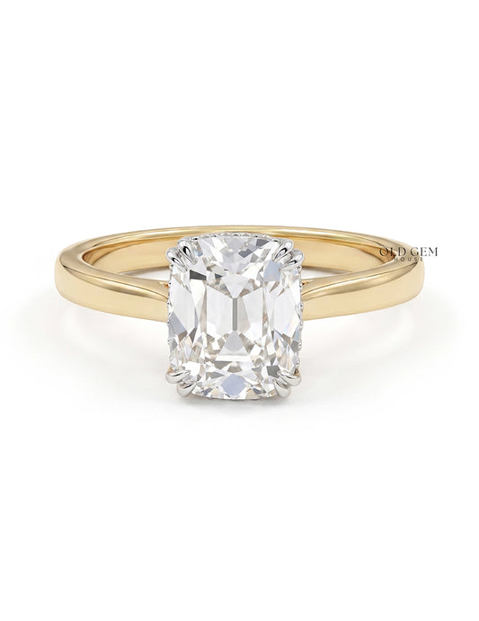 Cushion Old Mine Cut Diamond Hidden Halo Ring - Mid Century Engagement Ring