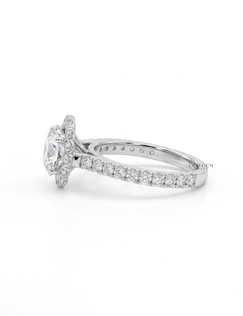 Old European Round Lab Diamond Halo Accent Ring - Mid Century Engagement Ring