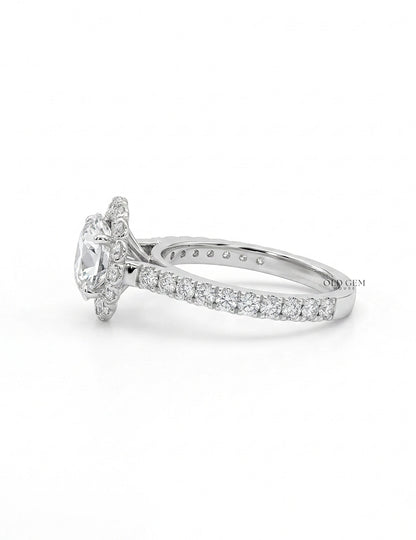 Old European Round Lab Diamond Halo Accent Ring - Mid Century Engagement Ring