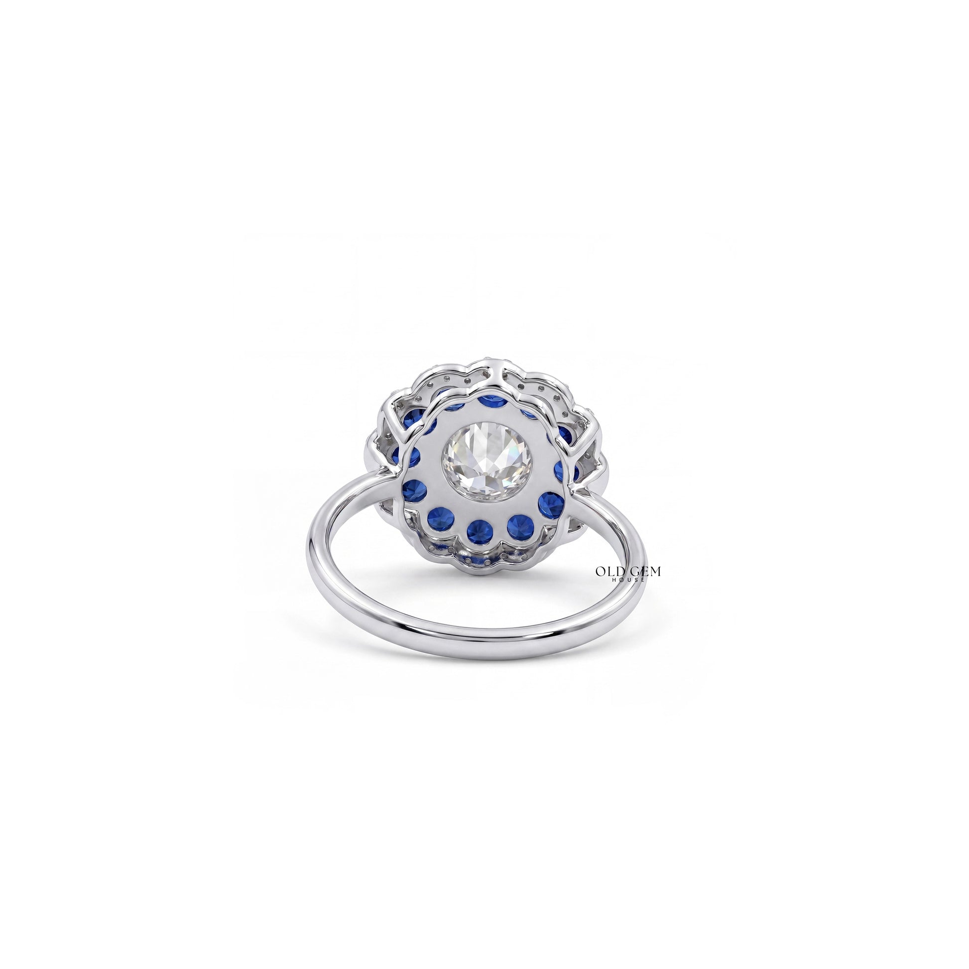 Art Deco Old European Round Cut Sapphire Halo Ring Engagement Ring
