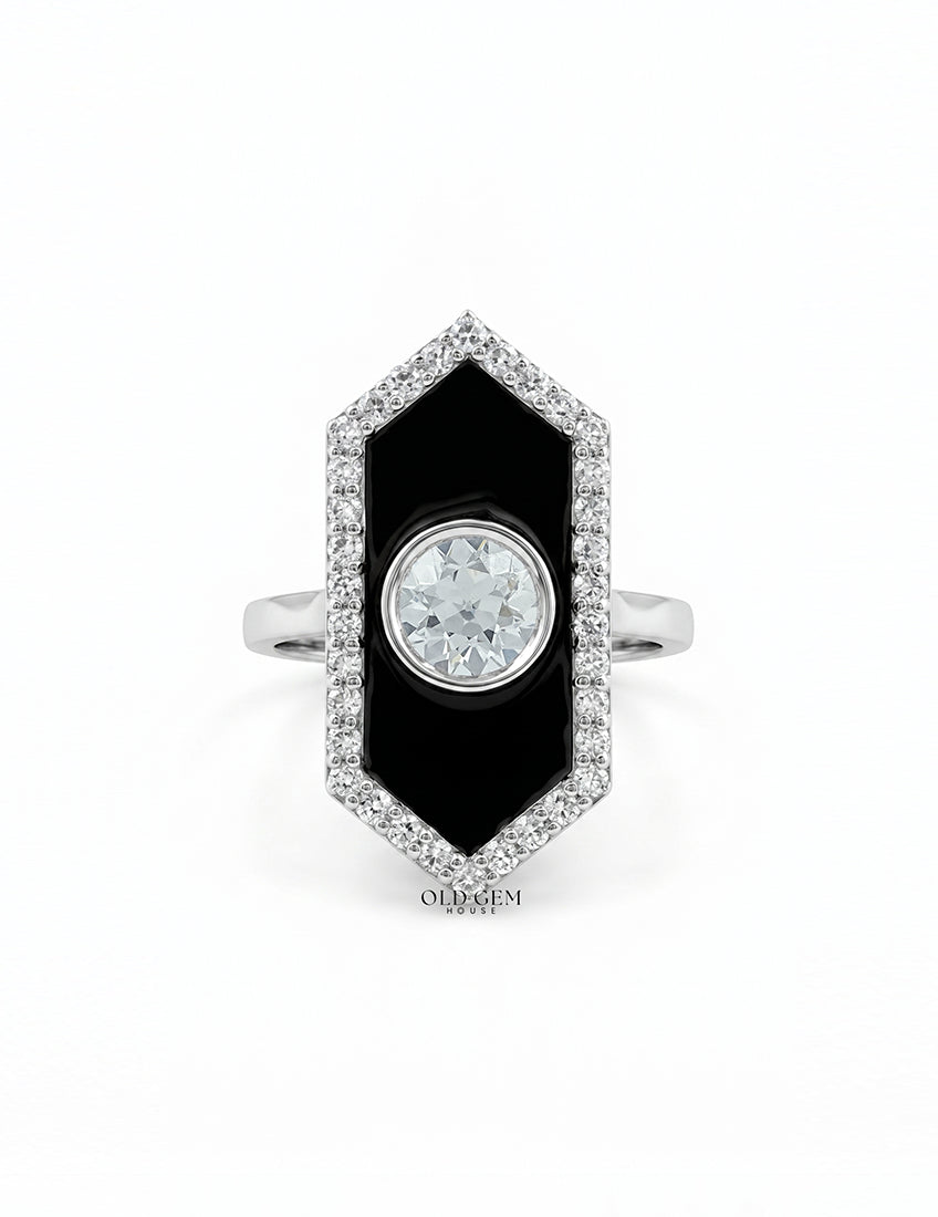 Victorian Style Old European Cut Black Enamel Halo Ring Engagement Ring
