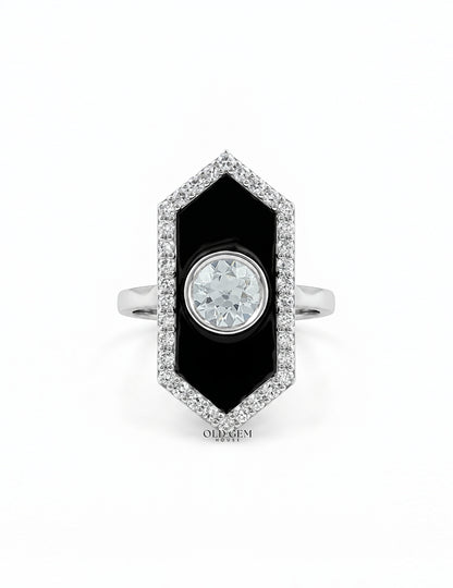 Victorian Style Old European Cut Black Enamel Halo Ring Engagement Ring
