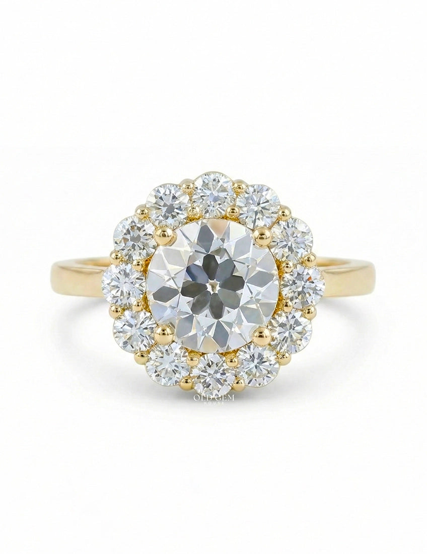Edwardian Inspired Old European Cut Round Diamond Halo Ring Engagement Ring