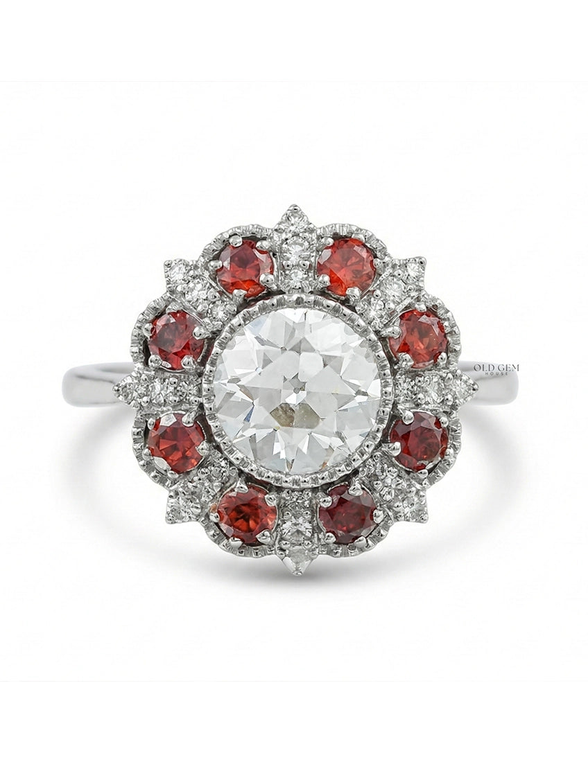 Georgian OEC Round Red Gemstone Halo Engagement Ring Engagement Ring