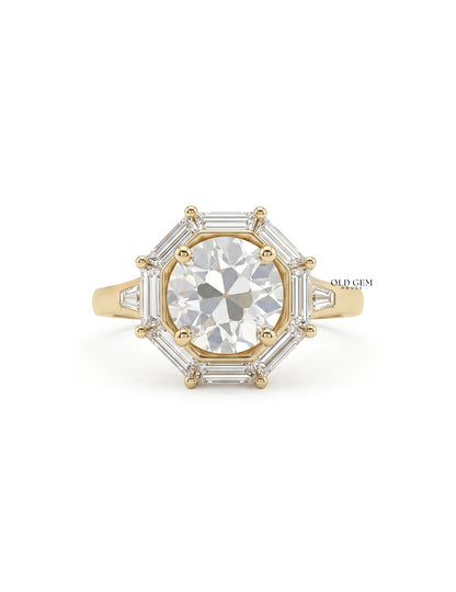 Mid Century Old European Round Cut Lab Diamond Halo Ring Engagement Ring