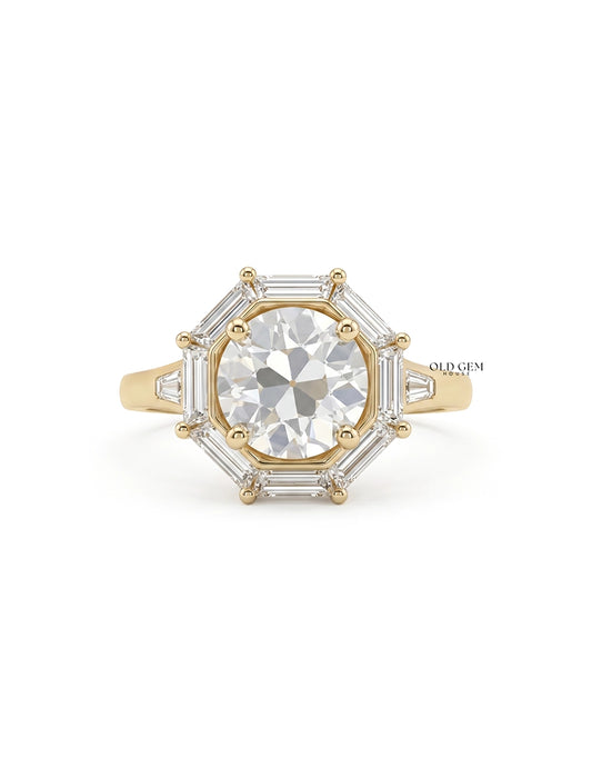 Mid Century Old European Round Cut Lab Diamond Halo Ring Engagement Ring