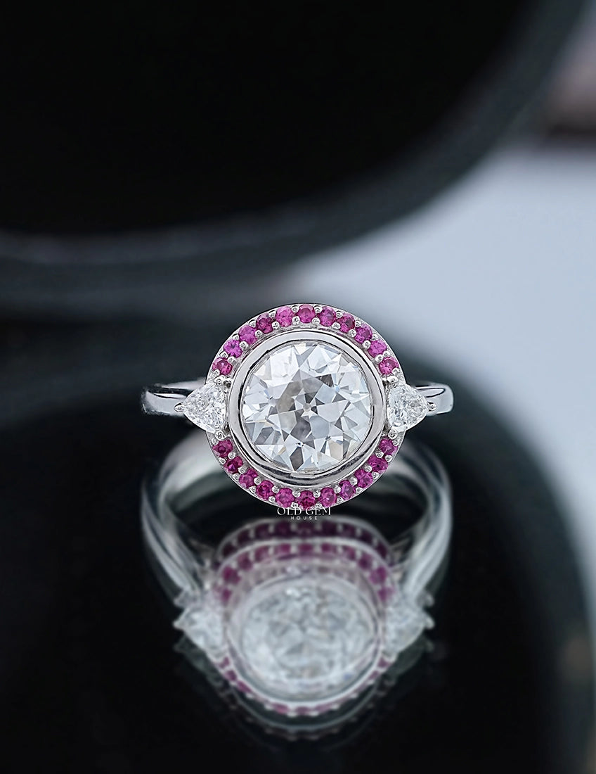 Art Deco Old European Round Cut Pink Gemstone Halo Ring Engagement Ring