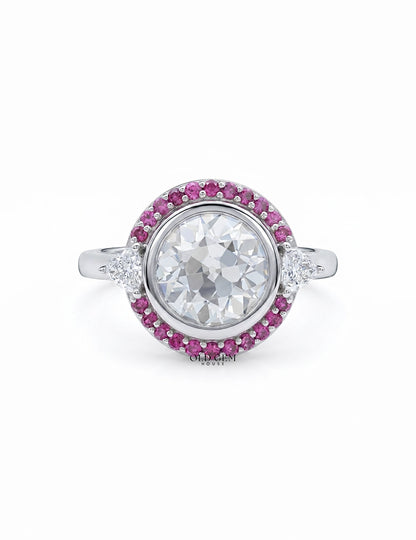 Art Deco Old European Round Cut Pink Gemstone Halo Ring Engagement Ring