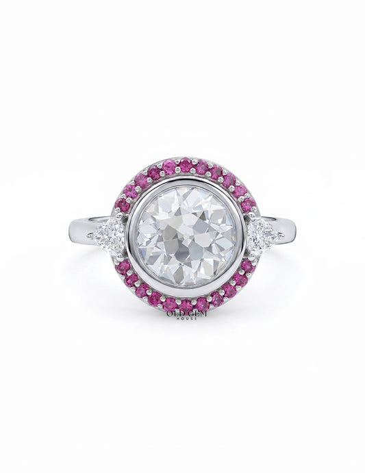 Art Deco Old European Round Cut Pink Gemstone Halo Ring Engagement Ring