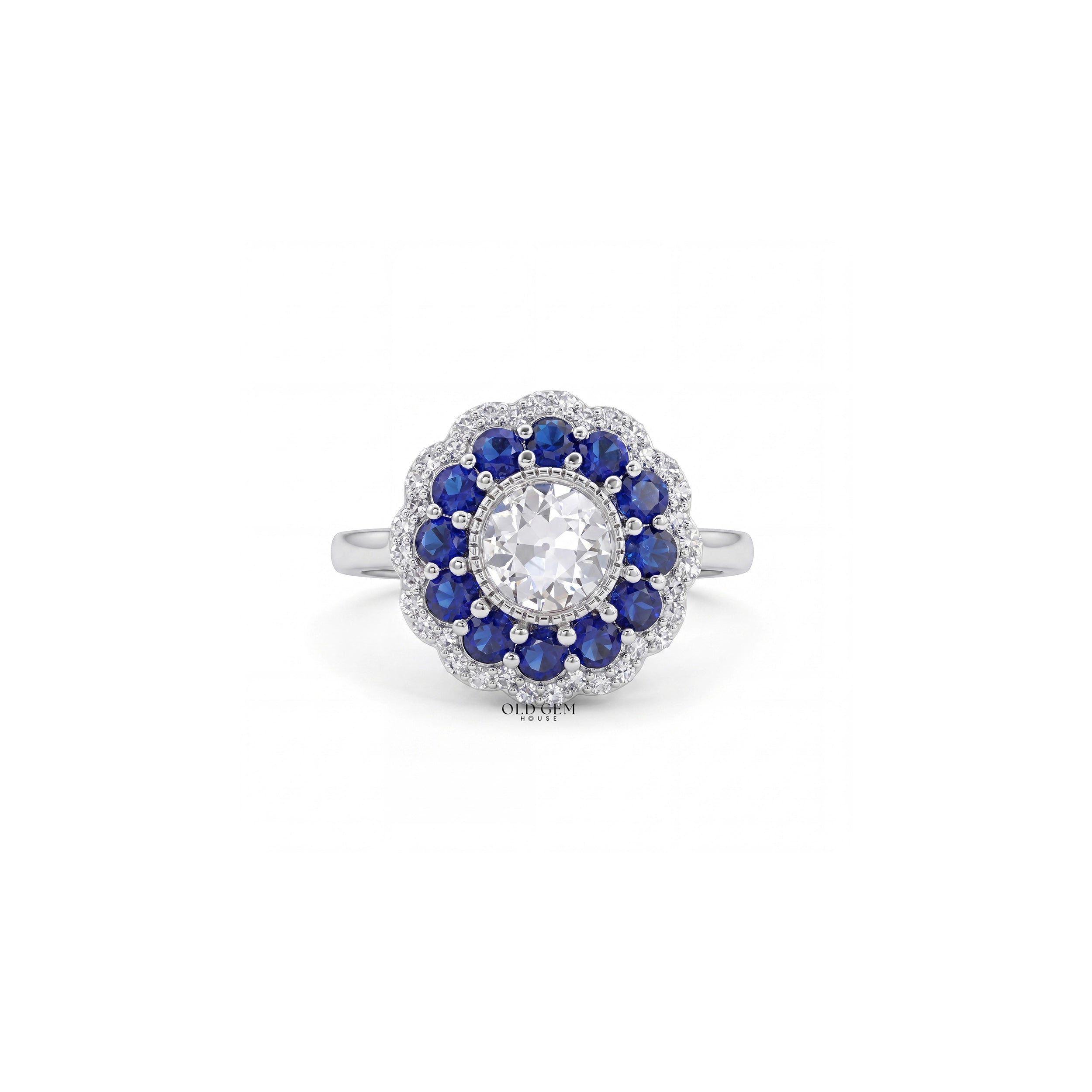 Art Deco Old European Round Cut Sapphire Halo Ring