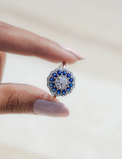 Art Deco Old European Round Cut Sapphire Halo Ring Engagement Ring