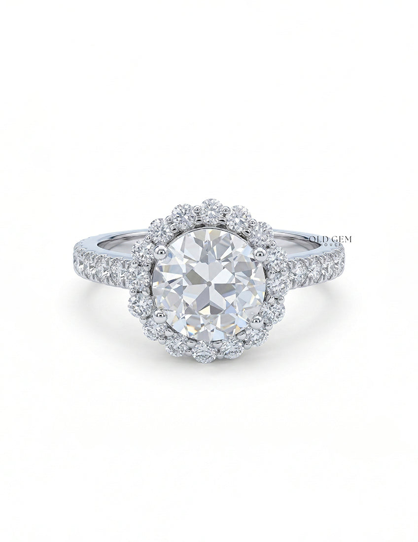 Old European Round Lab Diamond Halo Accent Ring - Mid Century Engagement Ring