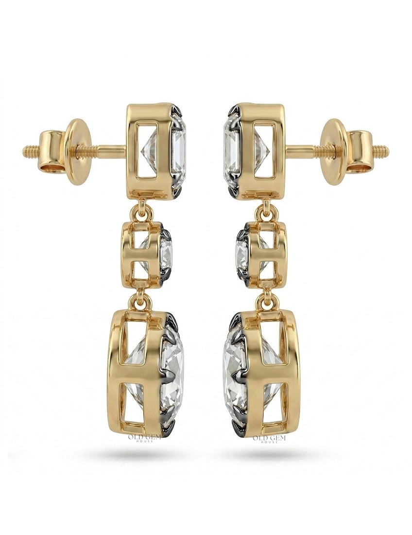 Old European & Asscher Cut Diamond Three Stone Drop Earring Earrings
