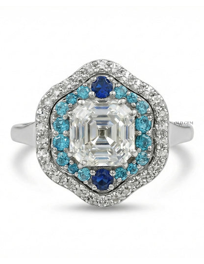 Vintage Art Deco Sapphire Old Mine Asscher Double Halo Ring Engagement Ring