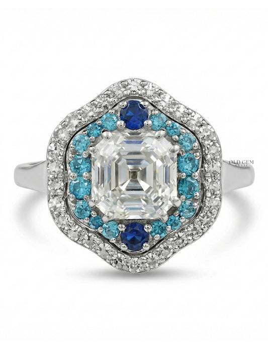 Vintage Art Deco Sapphire Old Mine Asscher Double Halo Ring Engagement Ring