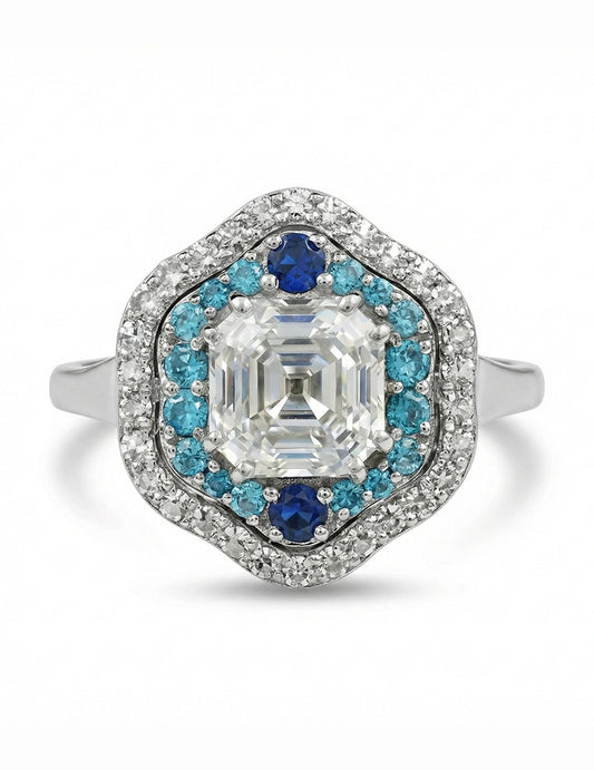 Vintage Art Deco Sapphire Old Mine Asscher Double Halo Ring Engagement Ring