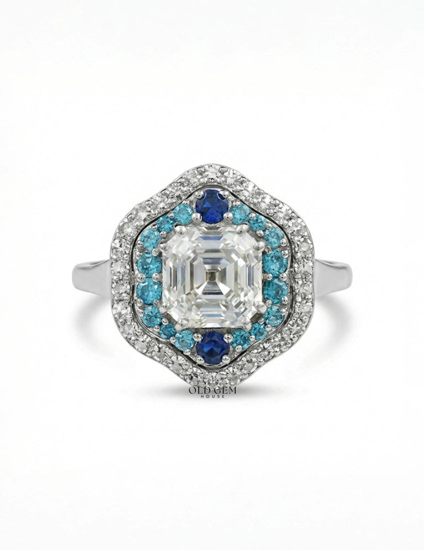 Vintage Art Deco Sapphire Old Mine Asscher Double Halo Ring Engagement Ring