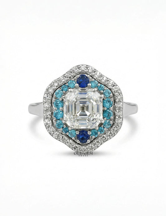 Vintage Art Deco Sapphire Old Mine Asscher Double Halo Ring Engagement Ring