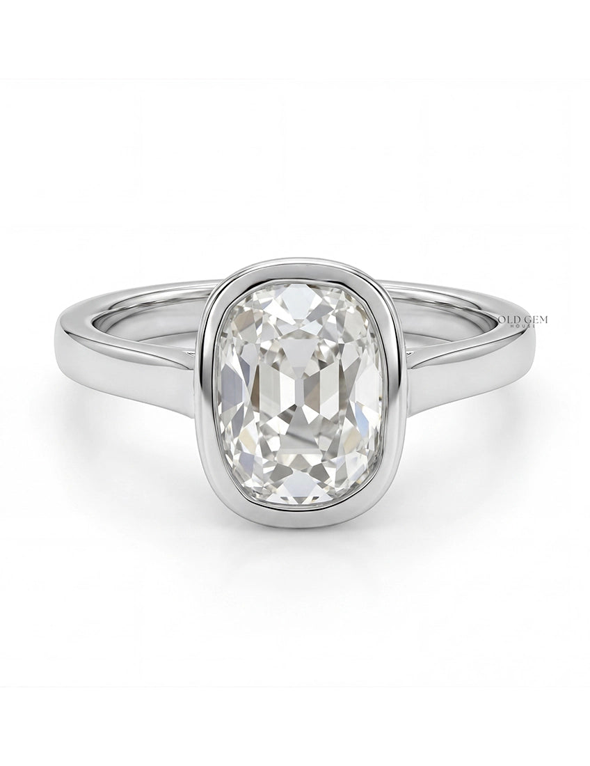 Mid Century Old Mine Cushion Bezel Set Solitaire Ring Engagement Ring