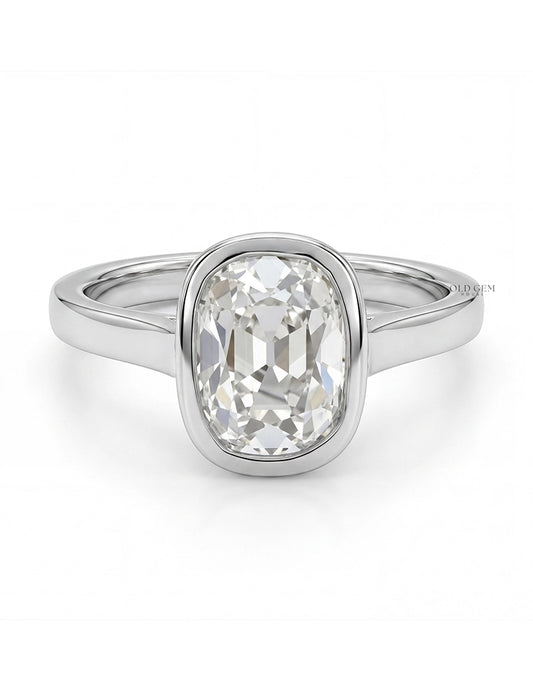 Mid Century Old Mine Cushion Bezel Set Solitaire Ring Engagement Ring