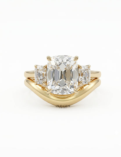 Georgian Old Mine Cushion Trilogy Diamond Curved Ring Set Engagement Ring