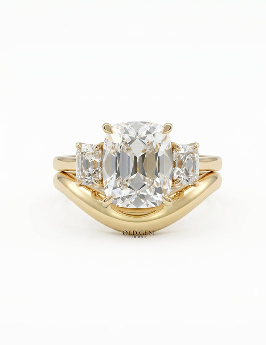 Georgian Old Mine Cushion Trilogy Diamond Curved Ring Set Engagement Ring