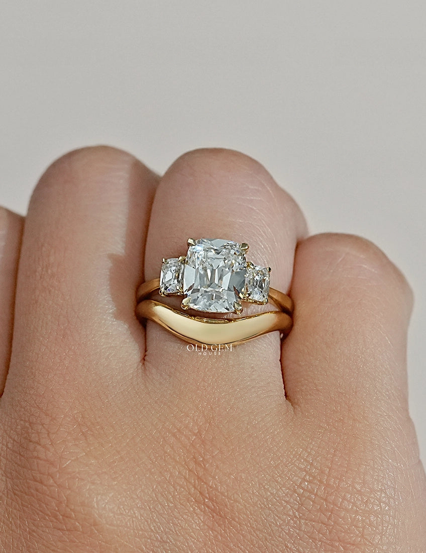 Old Mine Cushion Trilogy Diamond Curved Ring Set Engagement Ring
