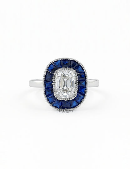 Old Mine Cushion Cut Blue Sapphire Halo Engagement Ring Engagement Ring