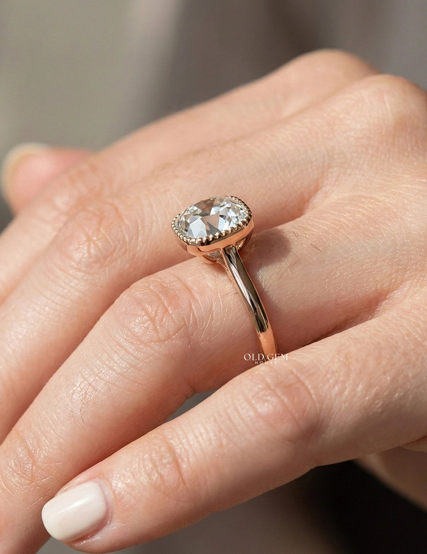 Vintage Old Mine Cushion Cut Milgrain Bezel Set Solitaire Ring Engagement Ring