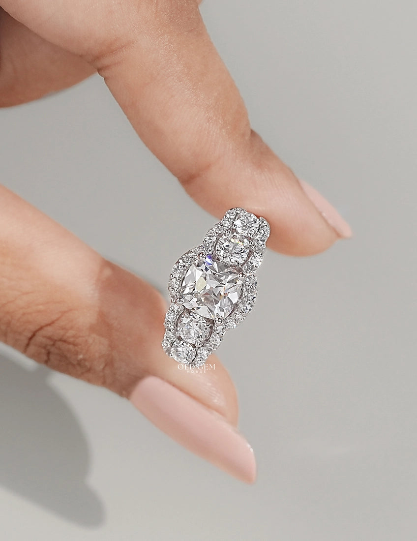 Mid Century Old Mine Cut Diamond Five Stone Halo Ring Wedding Band
