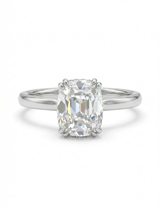 Mid Century Old Mine Cut Cushion Diamond Hidden Halo Ring Engagement Ring