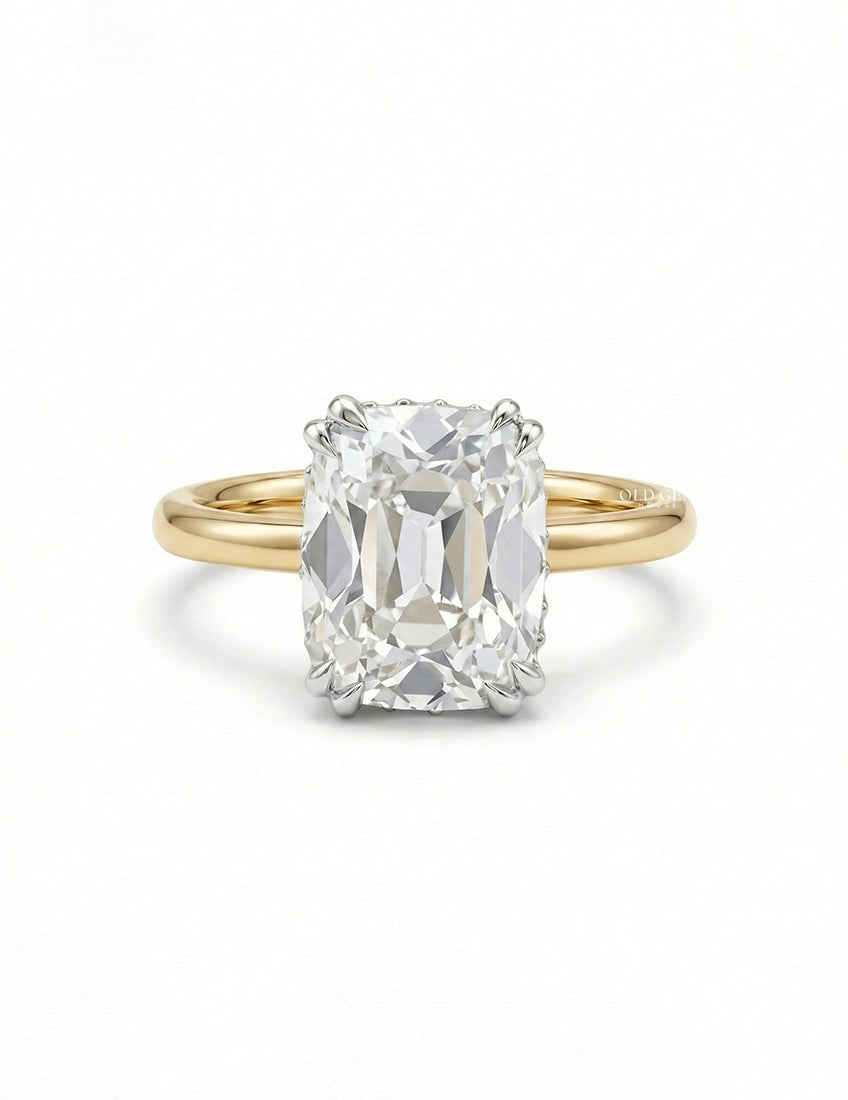 Georgian Old Mine Cushion Cut Two Tone Hidden Halo Ring Engagement Ring