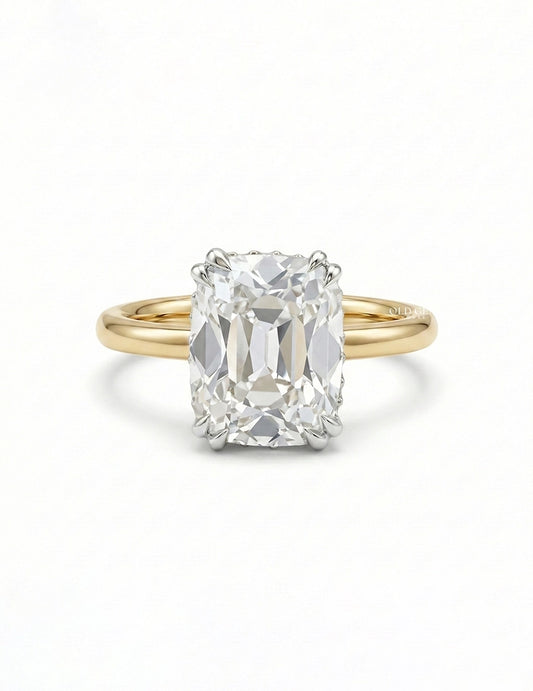 Georgian Old Mine Cushion Cut Two Tone Hidden Halo Ring Engagement Ring