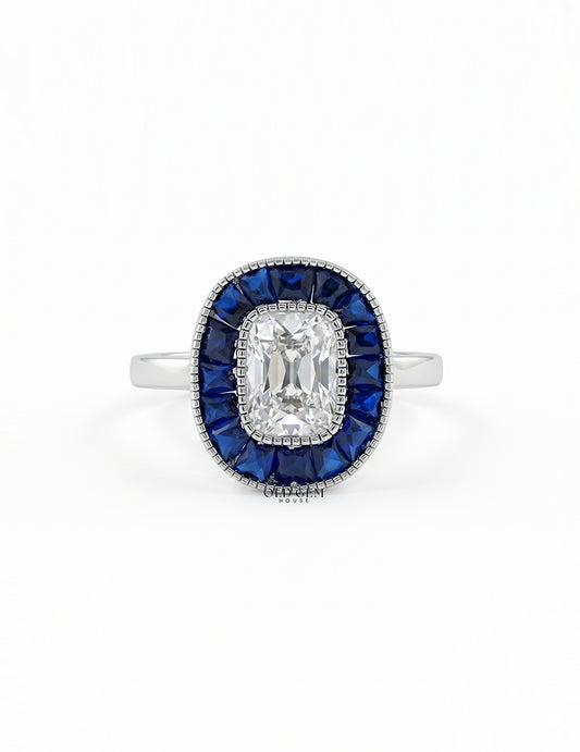 Art Deco Old Mine Cushion Cut Blue Sapphire Halo Ring Engagement Ring