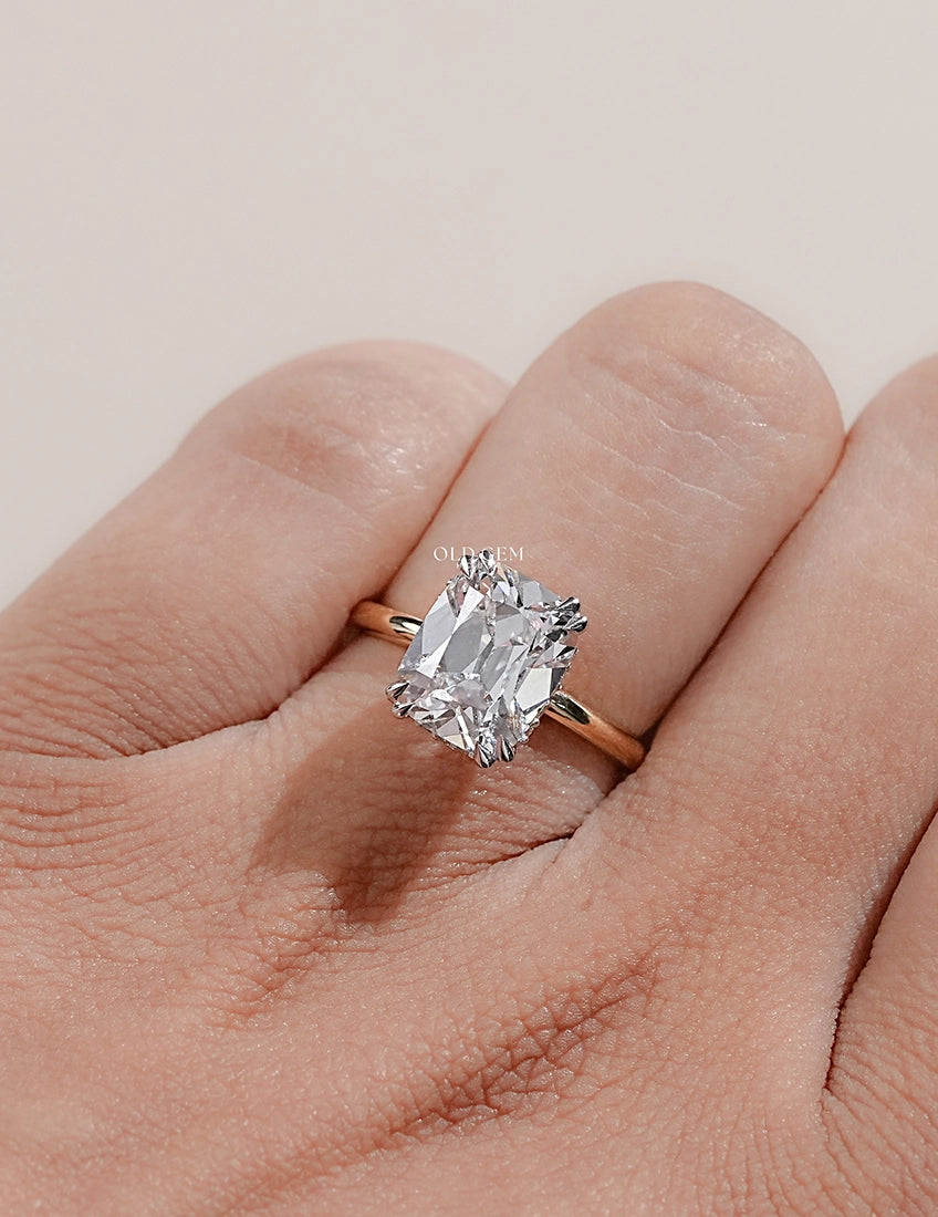 Georgian Old Mine Cushion Cut Two Tone Hidden Halo Ring Engagement Ring